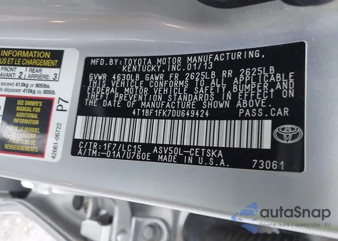 2013 Toyota Camry Se z USA, uszkodzony, nr VIN 4T1BF1FK7DU649424